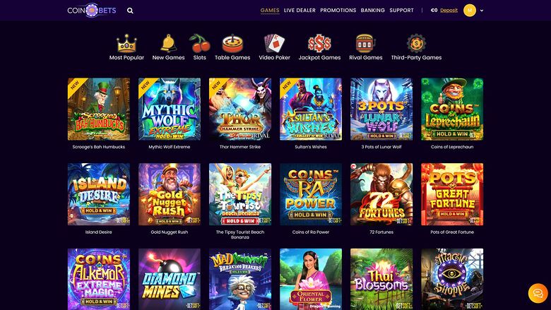 A Coin Bets online casino lobby screen showing a top navigation bar, a row of game category icons, and a grid of game tiles with titles beneath them.
