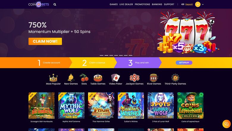 A casino lobby homepage shows a 750% bonus hero banner, a three-step sign-up strip, category icons and a row of game tiles.