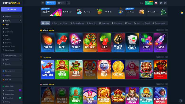 {"summary":"A Coins Game online casino lobby shows a left sidebar menu, a top promo banner row, and game tiles grouped into Original games, Top games and Fortun