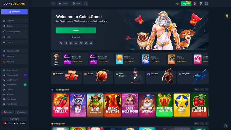 Coins.Game casino homepage showing a welcome hero banner, a row of jackpot tiles, category shortcuts and rows of game thumbnails.