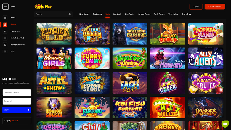 A Comic Play casino lobby screenshot showing a game grid, a left sidebar with account links and a login form, and top navigation with Login and Create Account b