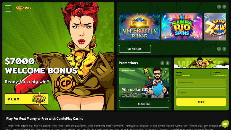 A Comic Play casino lobby screenshot showing a $7000 welcome bonus banner, a game carousel, a promotions panel and a login form.