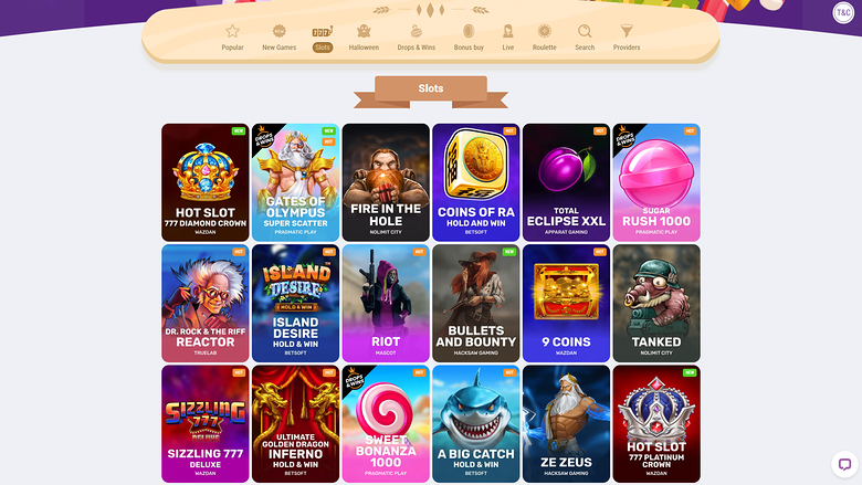 An online casino lobby showing a 'Slots' section with a grid of eighteen game tiles beneath a top navigation bar.