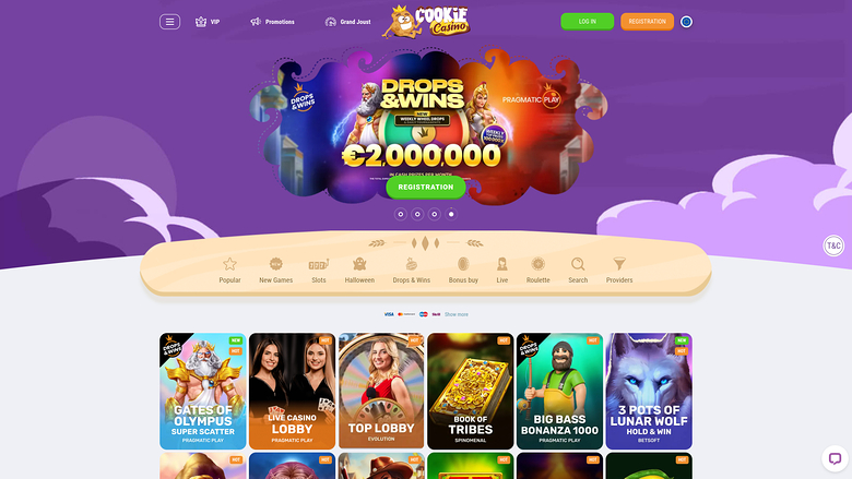 A Cookie Casino homepage screenshot showing a purple-themed lobby with a Drops & Wins promotion banner and a row of game tiles.