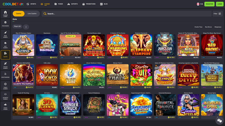 An online casino lobby page showing a grid of game tiles under a top navigation bar and a left sidebar.