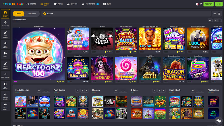 An online casino lobby page showing a featured game banner, a grid of game tiles, and category rows of game thumbnails.