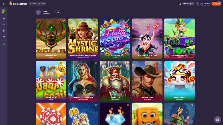 A casino lobby screen on the Coolzino site showing a Slots category with a grid of game tiles and a left sidebar menu.