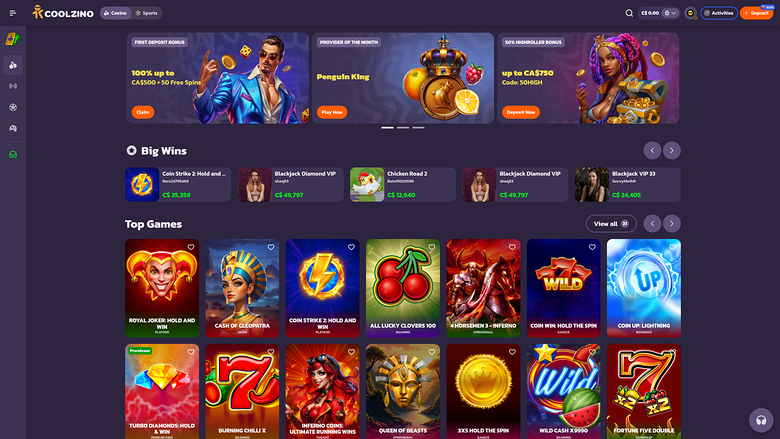 A Coolzino casino lobby screen showing a top navigation bar, three promotional banners, a Big Wins row and a Top Games grid of slot tiles.