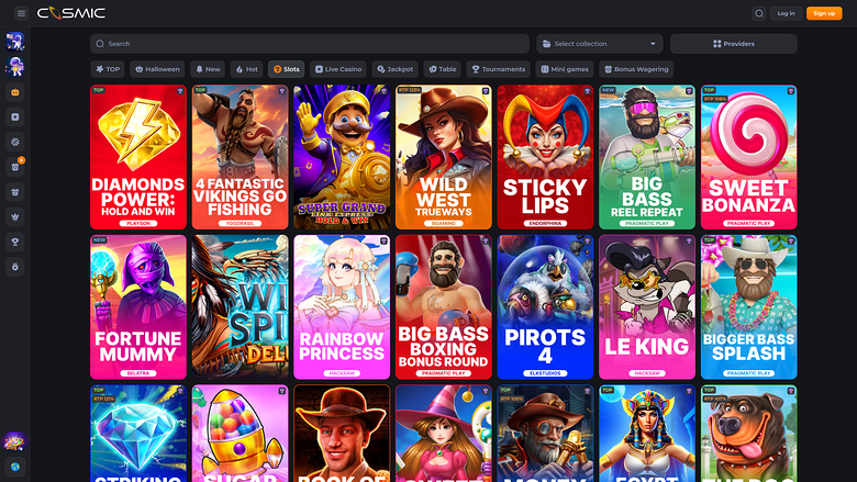A dark-themed online casino lobby shows a grid of game tiles under a search bar and category tabs, with Login and Sign Up buttons top right.