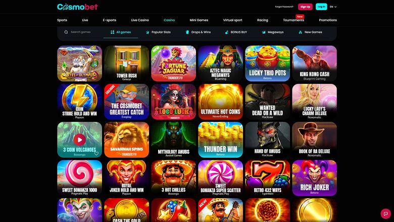 A CosmoBet online casino lobby screenshot showing a top navigation bar, a search and category row, and a grid of game tiles.