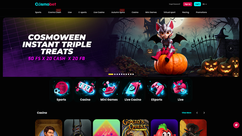 Cosmobet casino homepage showing a Halloween-themed 'COSMOWEEN INSTANT TRIPLE TREATS' banner above category icons and a row of casino game tiles.