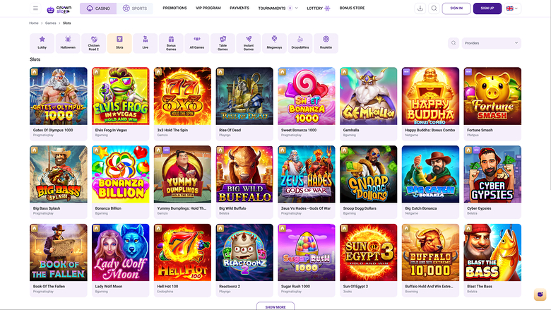 A casino lobby 'Slots' category page showing a grid of slot game tiles with a top navigation bar and category filters.