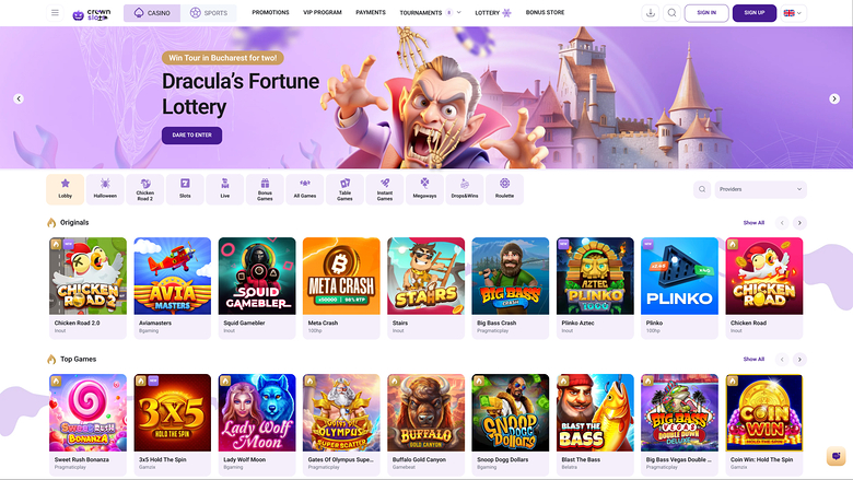 An online casino lobby page showing a Dracula's Fortune Lottery promotion banner above category filters and rows of game tiles.