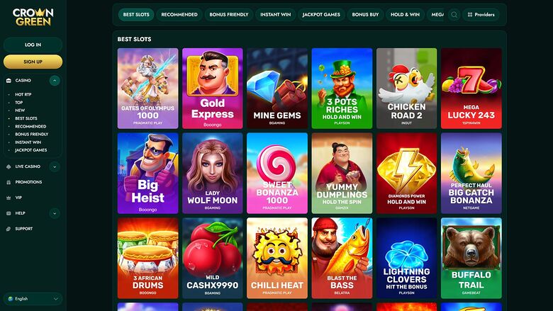 A casino lobby screen showing a 'BEST SLOTS' grid of game tiles with a left sidebar menu and a top category bar.