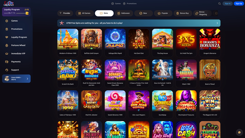 An online casino lobby shows a left sidebar with account and navigation links, a top filter bar, a promotional banner, and a grid of game tiles.