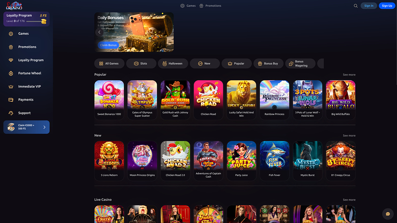 An online casino lobby shows a loyalty program sidebar, a Daily Bonuses banner, category filters, and rows of game tiles under Popular, New and Live Casino head