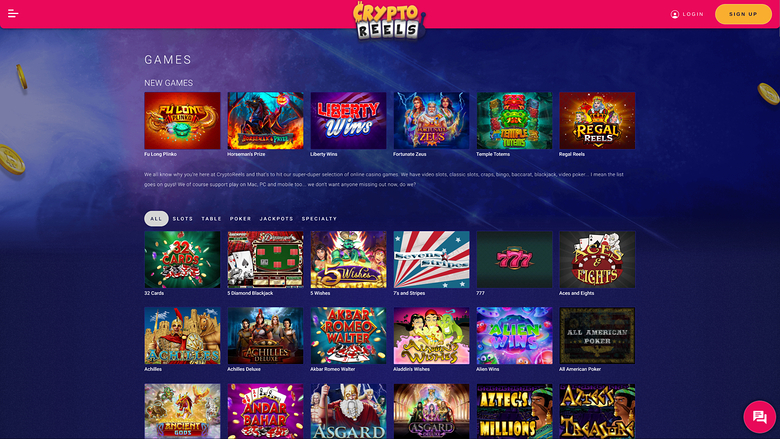 A CryptoRacing casino lobby page showing a GAMES heading, a New Games row of six tiles, a category tab bar, and a grid of game tiles.