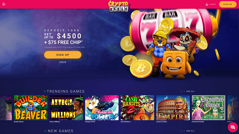 A CryptoRoulette casino homepage showing a deposit bonus hero banner, a Trending Games row and the start of a New Games row.