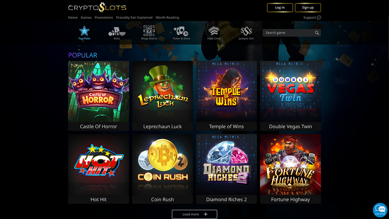 CryptoSlots casino lobby showing a Popular section with eight game tiles and a Load more button.