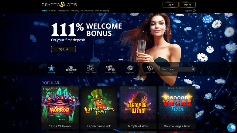 CryptoSlots casino homepage showing a 111% welcome bonus hero banner, a game category bar and a Popular games row.