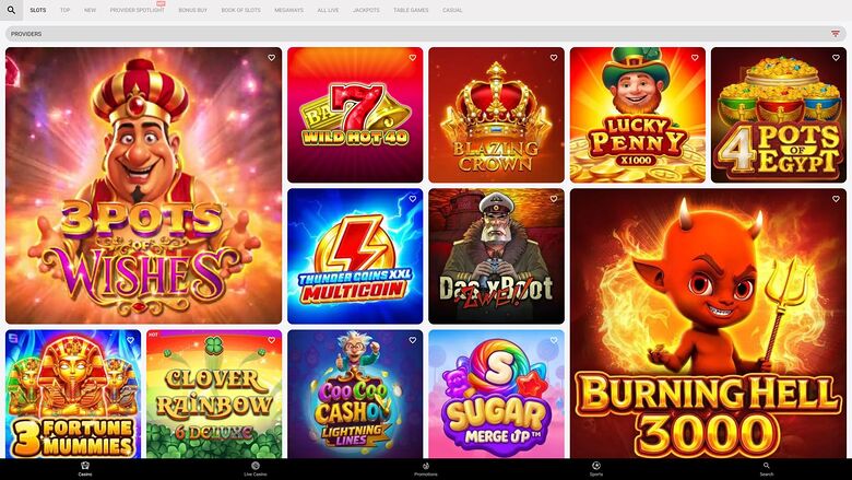 A casino lobby screen showing a grid of game tiles under a top menu of lobby categories and a PROviders label.
