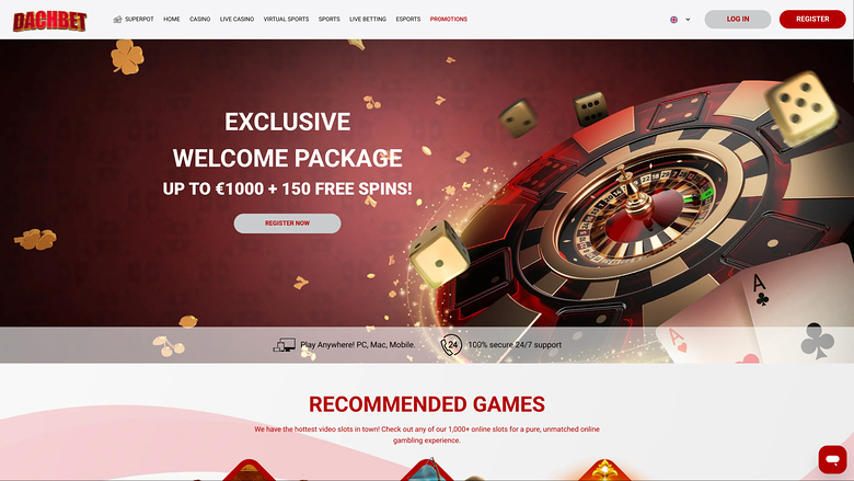 A casino homepage with a red welcome-package hero banner, a top navigation bar, and a Recommended Games section below.