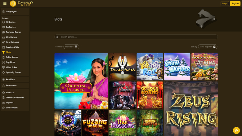 A slots lobby page on the Davinci's Gold online casino site showing a grid of game tiles under a Slots heading.