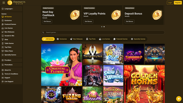 An online casino lobby screen showing a left sidebar menu, three promotional banners and a grid of game tiles.