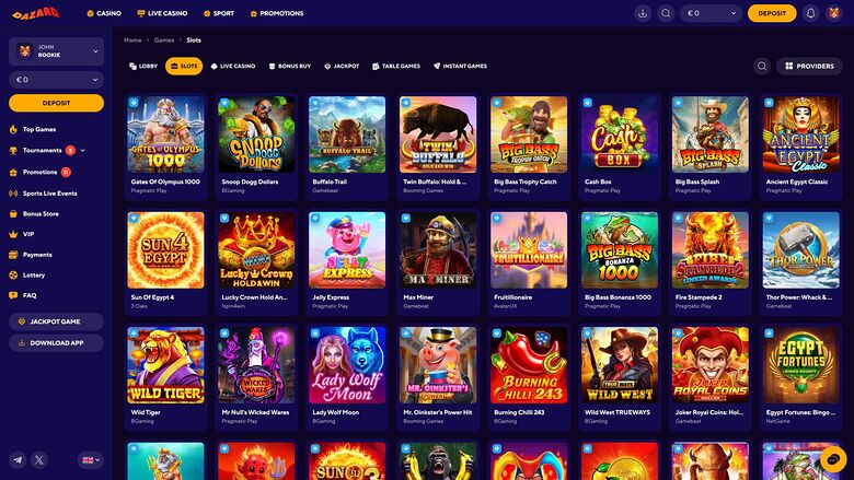An online casino lobby screen showing a grid of game tiles under a top navigation bar and a left sidebar menu.