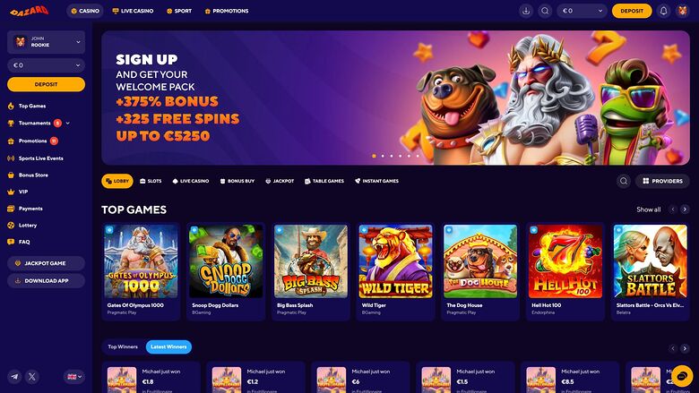 An online casino lobby shows a welcome bonus banner, a left sidebar menu, and a Top Games grid of game tiles.