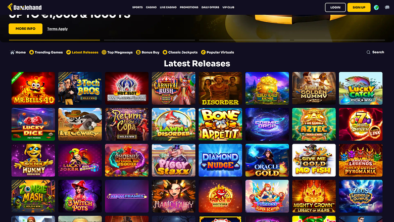 A 'Latest Releases' lobby page on the Bazilandeh casino site showing a grid of game tiles beneath a promotional banner.