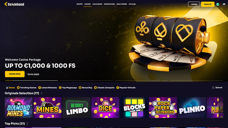 A casino lobby homepage for Bazlhand showing a welcome bonus hero banner and a row of game tiles under an 'Originals Selection (17)' heading.