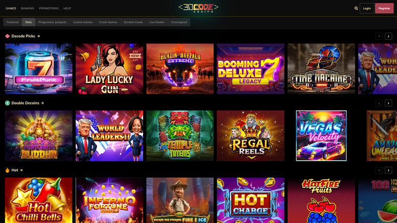 An online casino lobby page showing rows of game thumbnails under the headings 'Decode Picks', 'Double Decodes' and 'Hot'.
