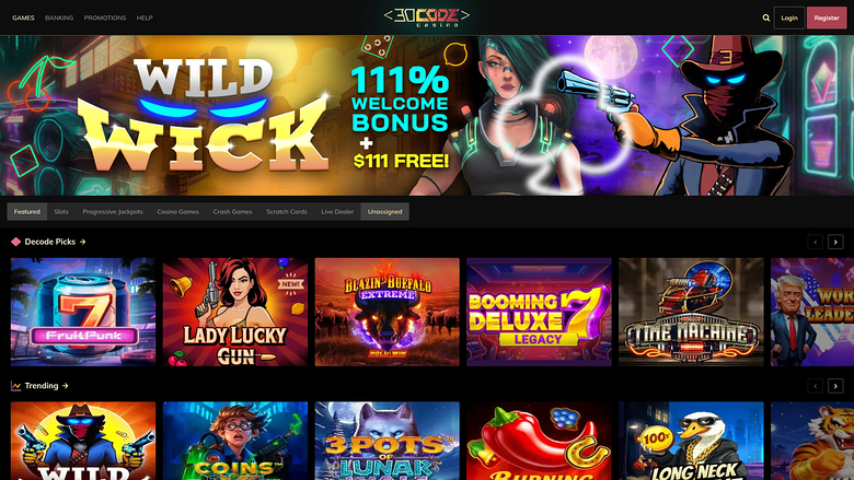 An online casino lobby screenshot showing a 'Wild Wick' 111% welcome bonus banner above game category tabs and rows of game tiles.