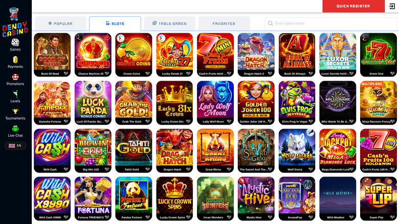 A casino lobby screen showing a grid of game tiles under Slots, Table Games and Favourites tabs with a left sidebar and a Quick Register button.