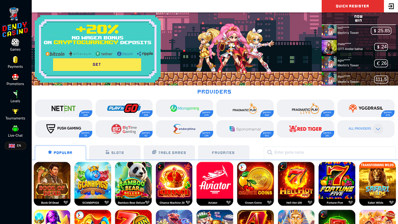 An online casino lobby screenshot showing a crypto bonus banner, a providers grid, and a row of game thumbnails.