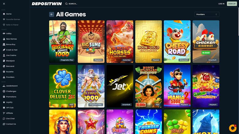 A desktop online casino lobby titled All Games showing a grid of game tiles with a left sidebar menu and a top bar containing search and login controls.