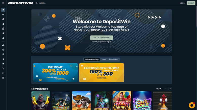 DepositWin casino homepage showing a welcome bonus hero banner, two promotional offer cards and a New Releases game row.
