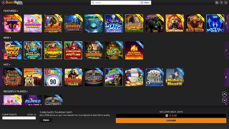 A desktop online casino lobby titled Desert Nights showing rows of game tiles above a bottom bar with comp points, a bonus banner and a cashier button.