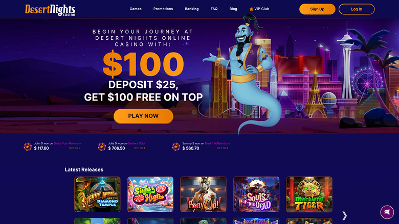 A casino homepage with a Desert Nights Casino header, a genie-themed hero banner offering a $100 bonus on a $25 deposit, recent winner tickers and a Latest Rele