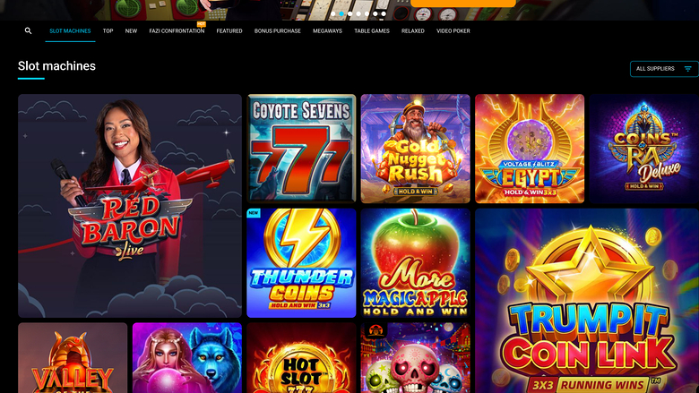 A casino lobby 'Slot machines' page showing a grid of game tiles with a category menu and an 'All suppliers' filter.