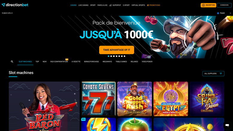An online casino lobby screenshot showing a welcome bonus hero banner and a slot machines grid with a live dealer tile.