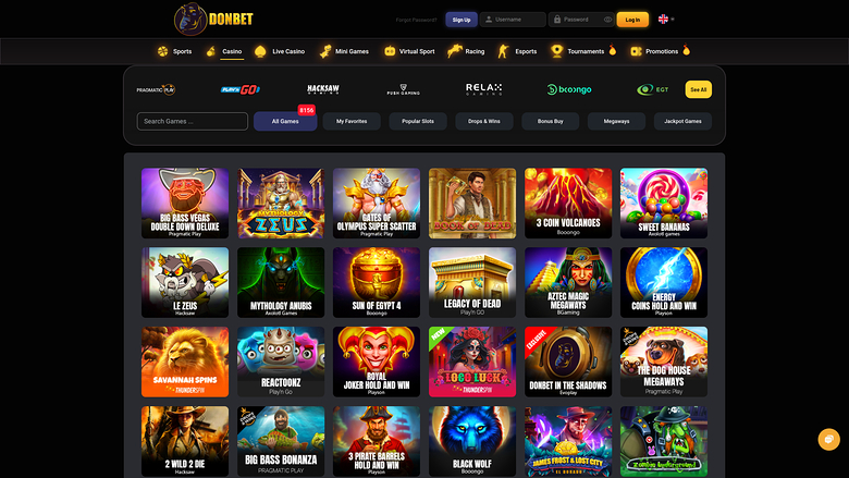 A Bonbet online casino lobby page showing a grid of game tiles under a top navigation bar and a search/filter row.