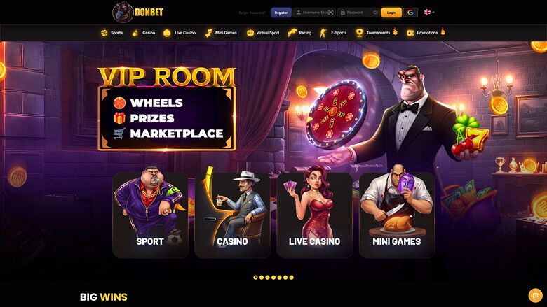 A casino homepage for DONBET showing a VIP ROOM promotional banner with four category cards and a top navigation bar.