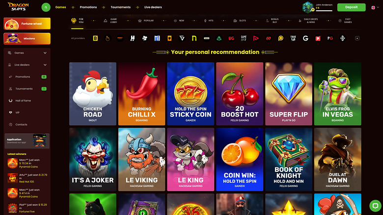 A desktop online casino lobby shows a left sidebar, a top navigation bar, a promotional banner, and a grid of game tiles under a 'Your personal recommendation'