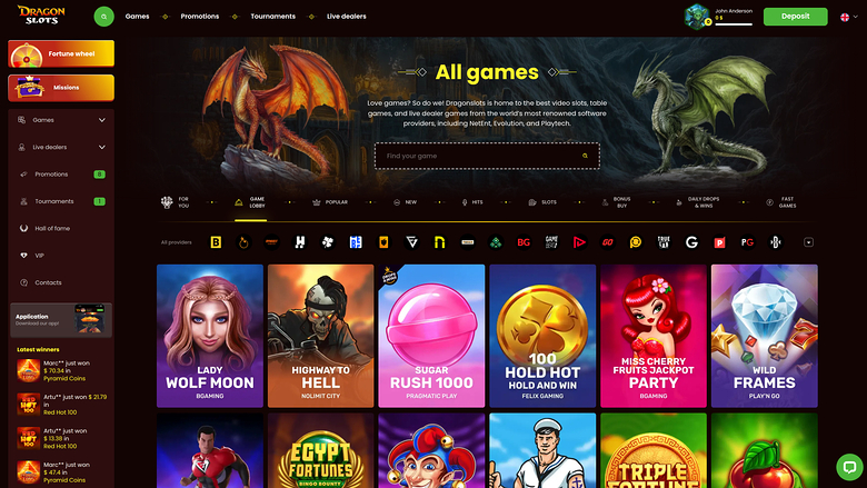 An online casino lobby titled 'All games' shows a dragon-themed hero banner, a left sidebar menu, provider icons, and a grid of game tiles.
