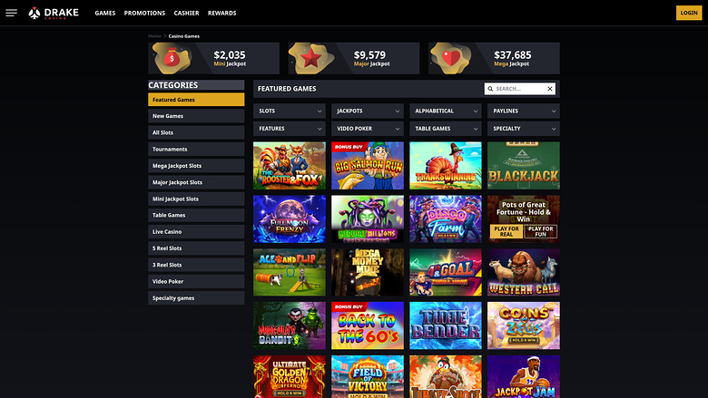 A Drake Casino games lobby page showing jackpot counters, a category sidebar, and a grid of featured game tiles.