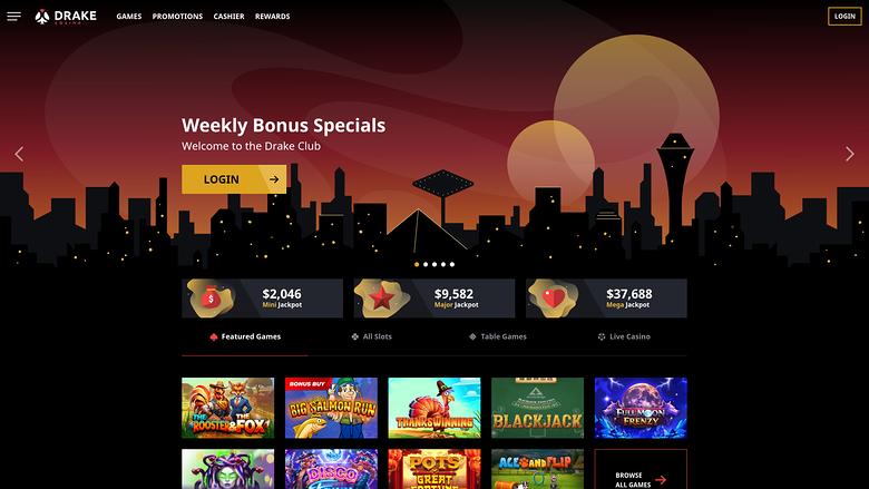 A casino homepage with a city-skyline hero banner, three jackpot counters and a grid of game tiles.