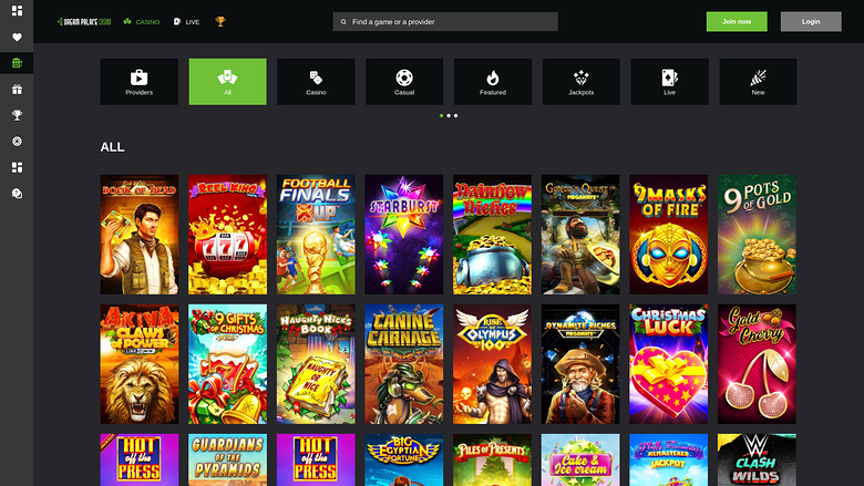 An online casino lobby shows a top navigation bar, a row of category tiles, and a grid of game thumbnails under an 'ALL' heading.