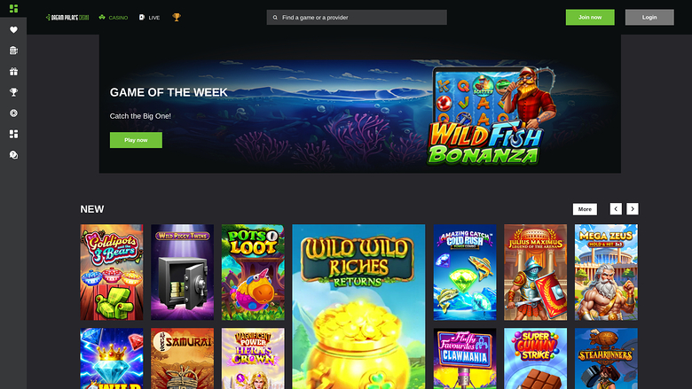 An online casino lobby screenshot showing a 'Game of the Week' hero banner for Wild Fish Bonanza above a 'New' section of game tiles.